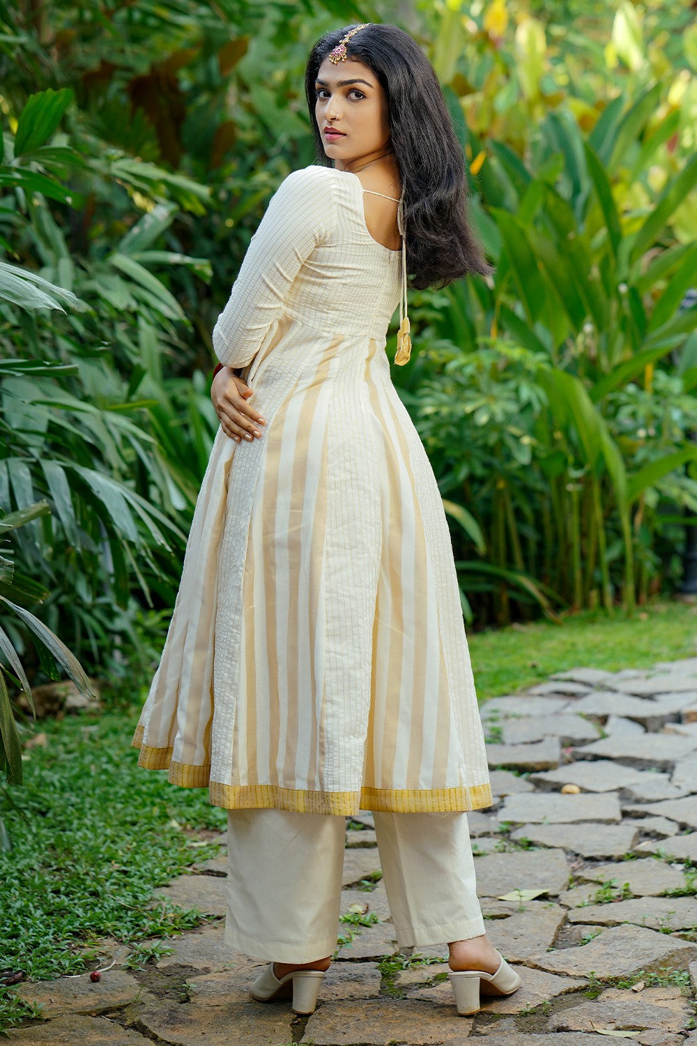 Off White Kasavu Golden Stripe Lurex Anarkali