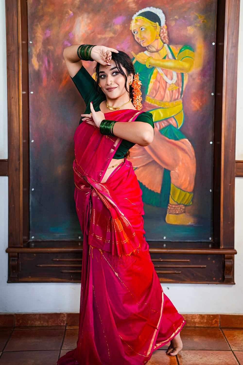 Maheswari Silk Saree Dual Shade with Zari Stripes & Diamond Buta