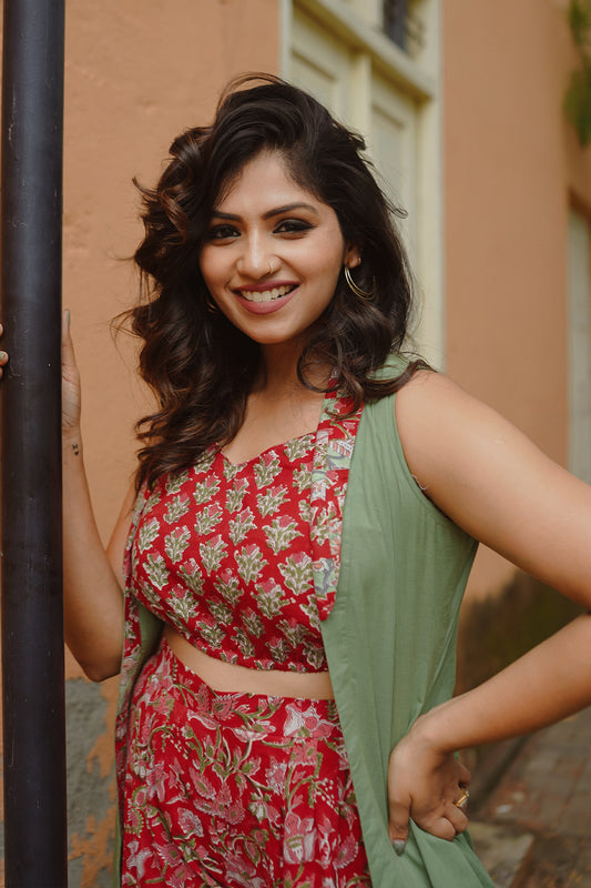 Red Sanganeri Crop Top & Pants with Green Shrug