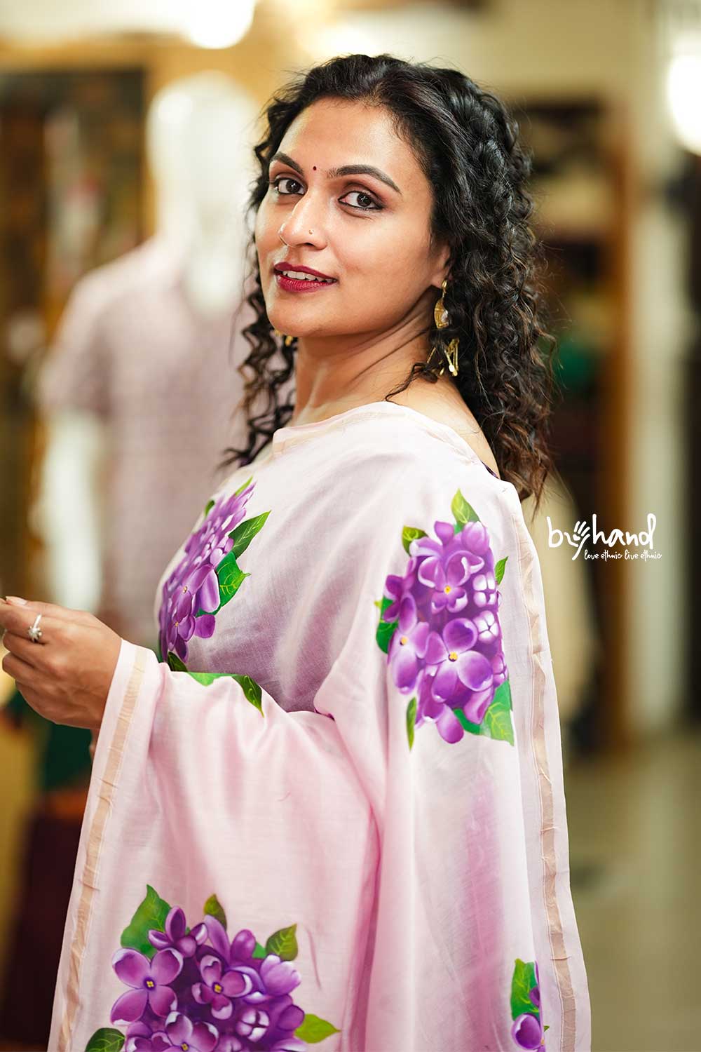 Pink Saree With Purple Hydrangea flower Handpainted
