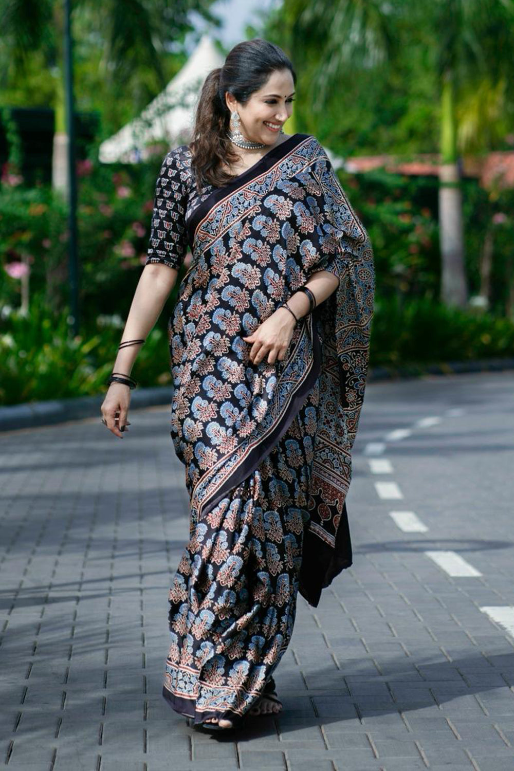 Black Ajrakh Modal Silk Saree