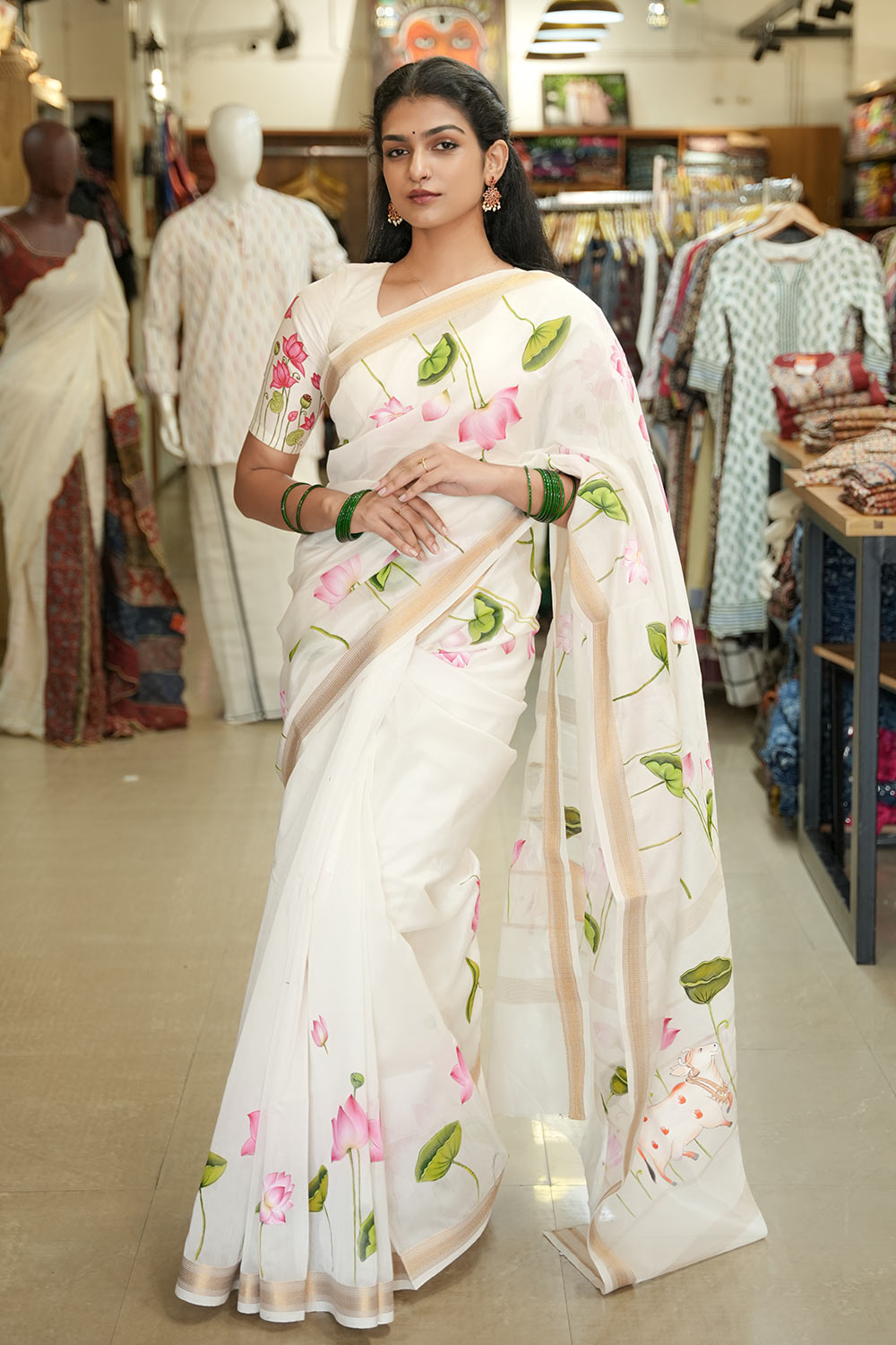 Lotus Hand Painted Maheswari Silk Saree
