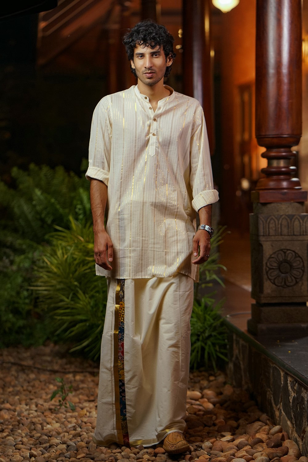 Off White Chinese Collar Full Sleeve Long Kurtha