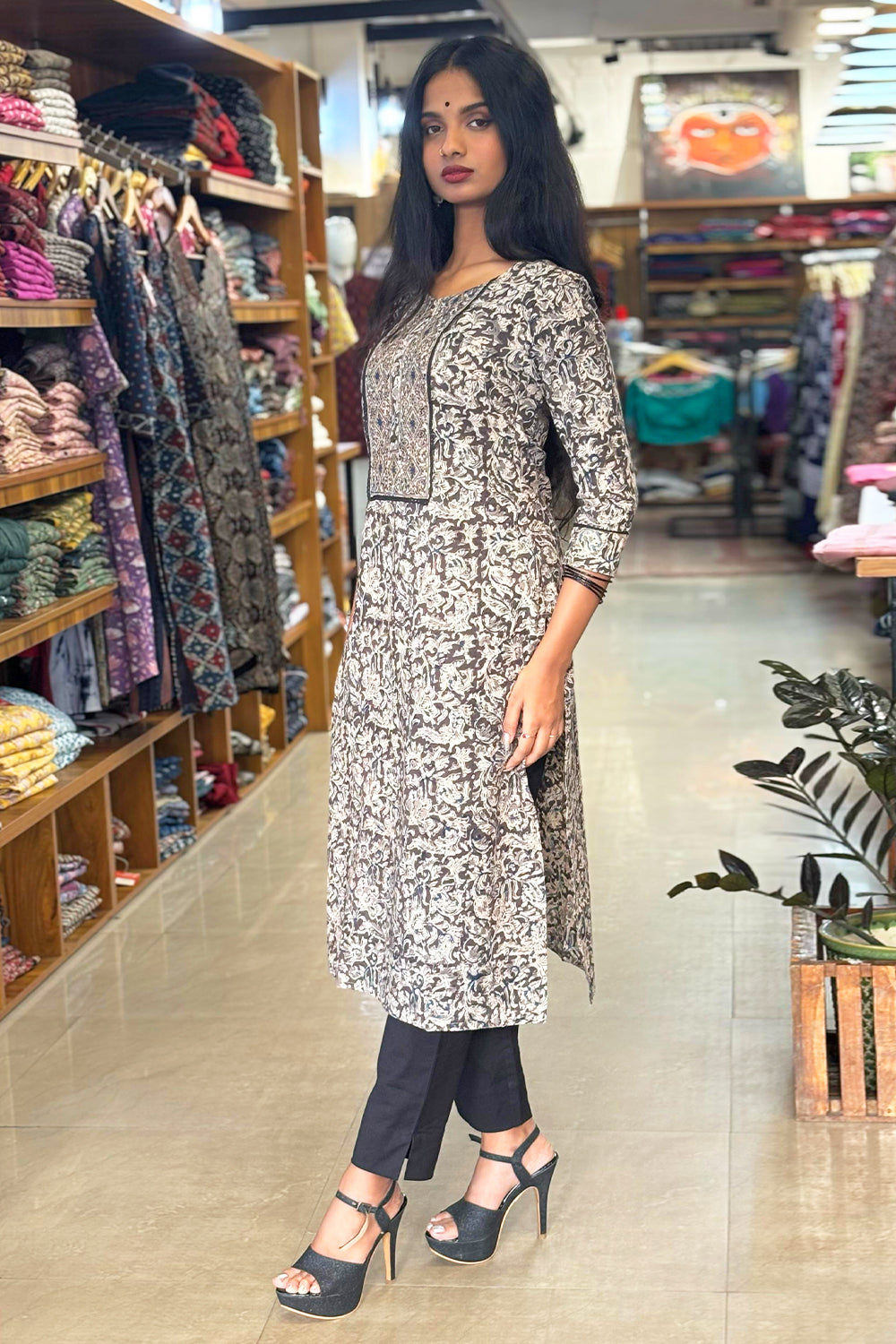 Black Kalamkari Kurti with Diamond Print Yoke