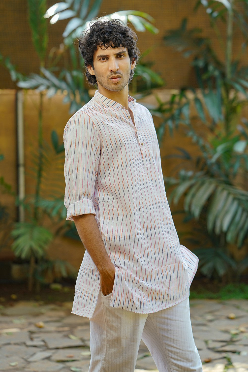 Off White Ikath Full Sleeve Long Kurtha