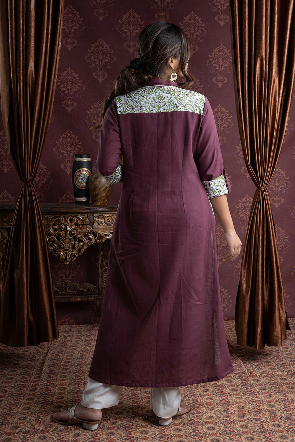 Purple Handloom Kurti with Floral Printed Shirt Front