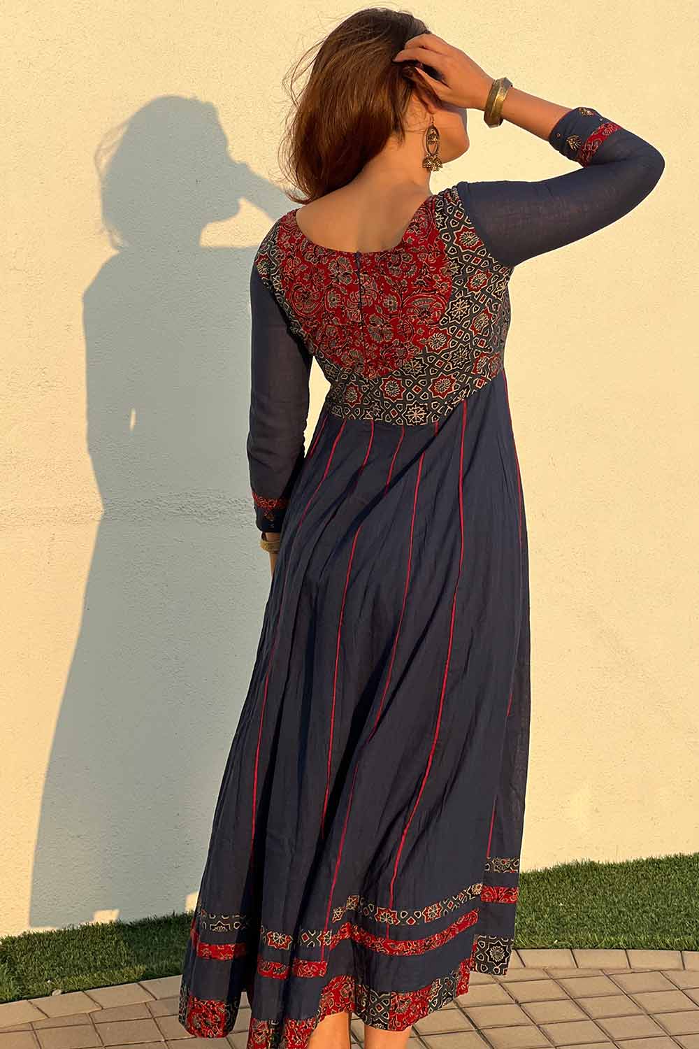 Blue Ajrakh Anarkali with Embroidered Yoke