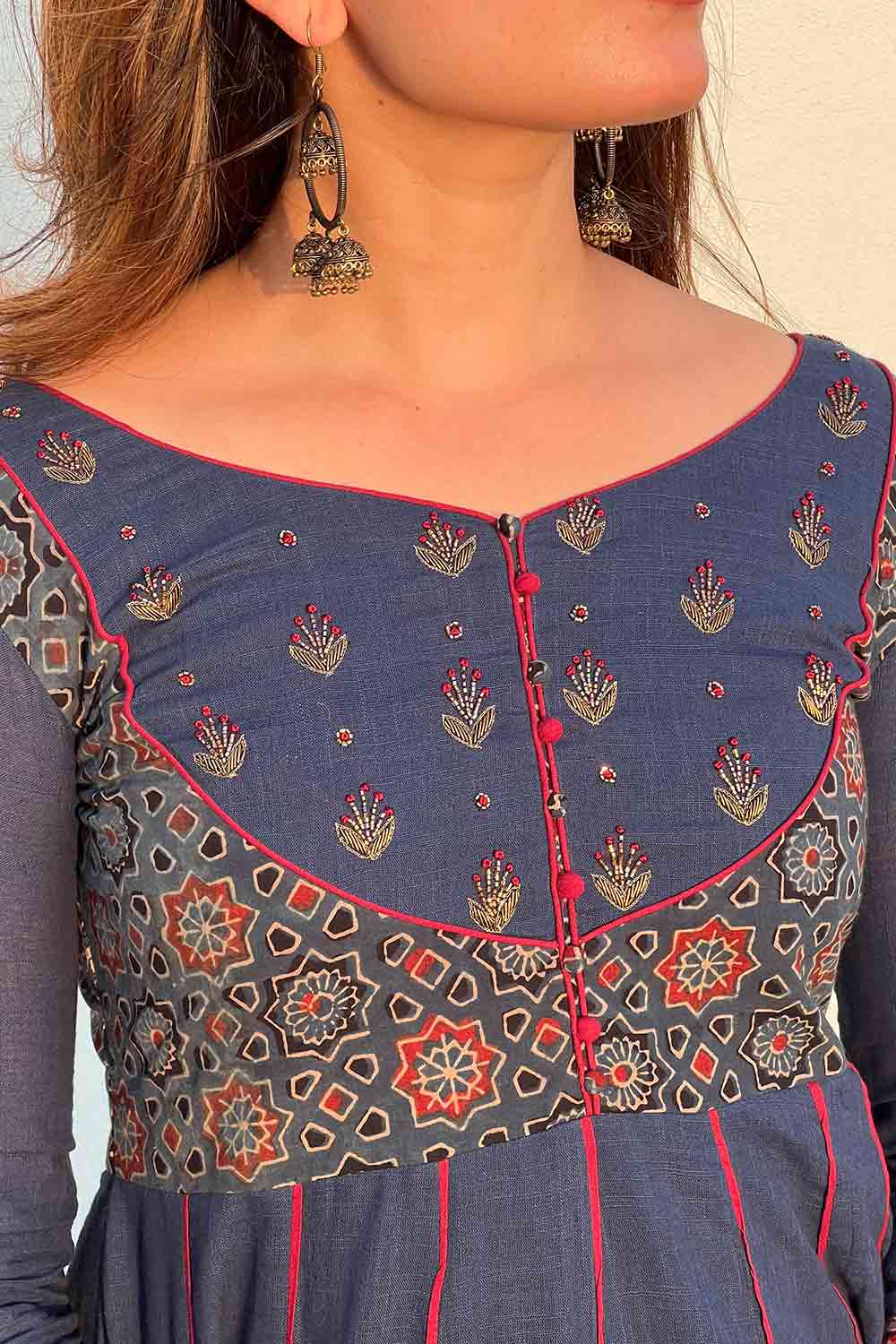 Blue Ajrakh Anarkali with Embroidered Yoke