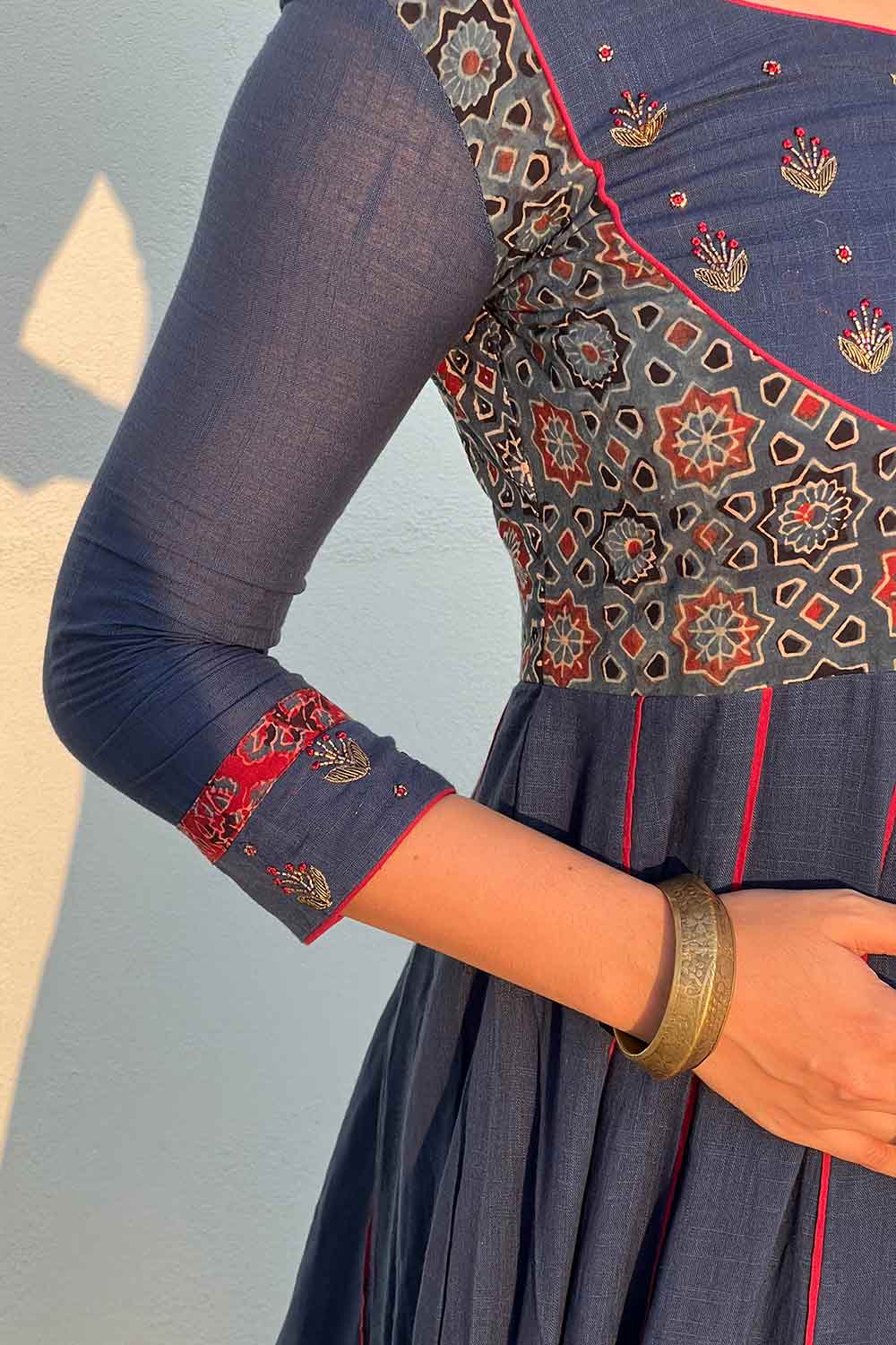 Blue Ajrakh Anarkali with Embroidered Yoke