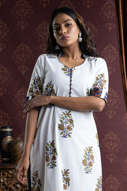 Mughal Printed Kurti With Ikat Collar And Cuff