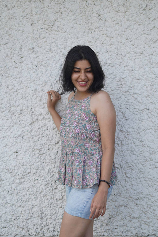 Grey & Pink Sanganeri Halter Neck Top