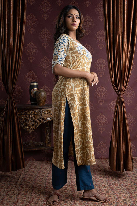 Dark Yellow Busy Print Kurti