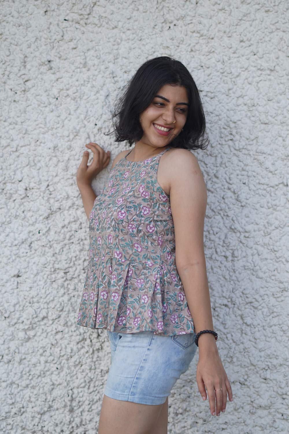 Grey & Pink Sanganeri Halter Neck Top