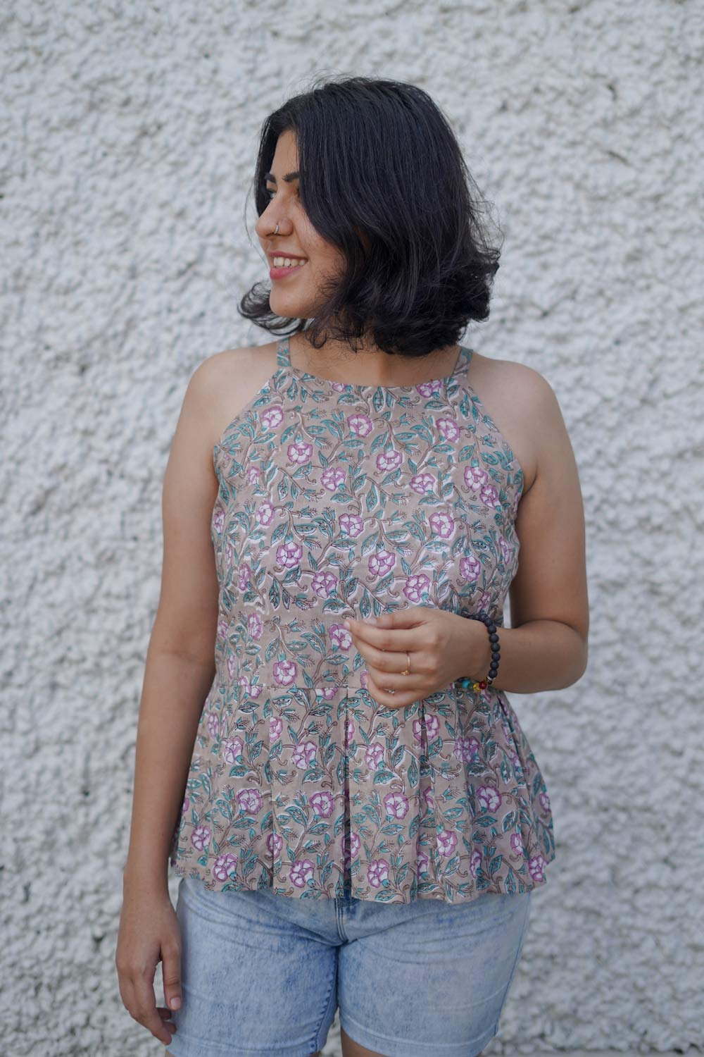 Grey & Pink Sanganeri Halter Neck Top