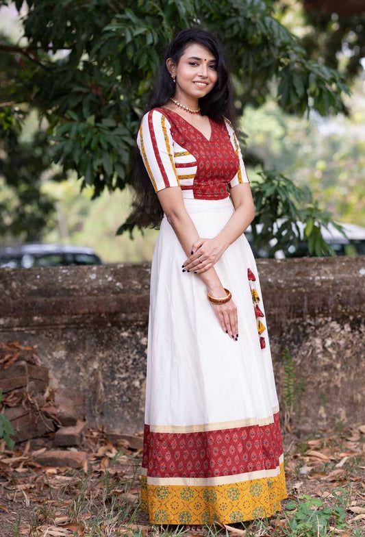 Off-White Chanderi Panel Skirt with Princess Panelled Blouse