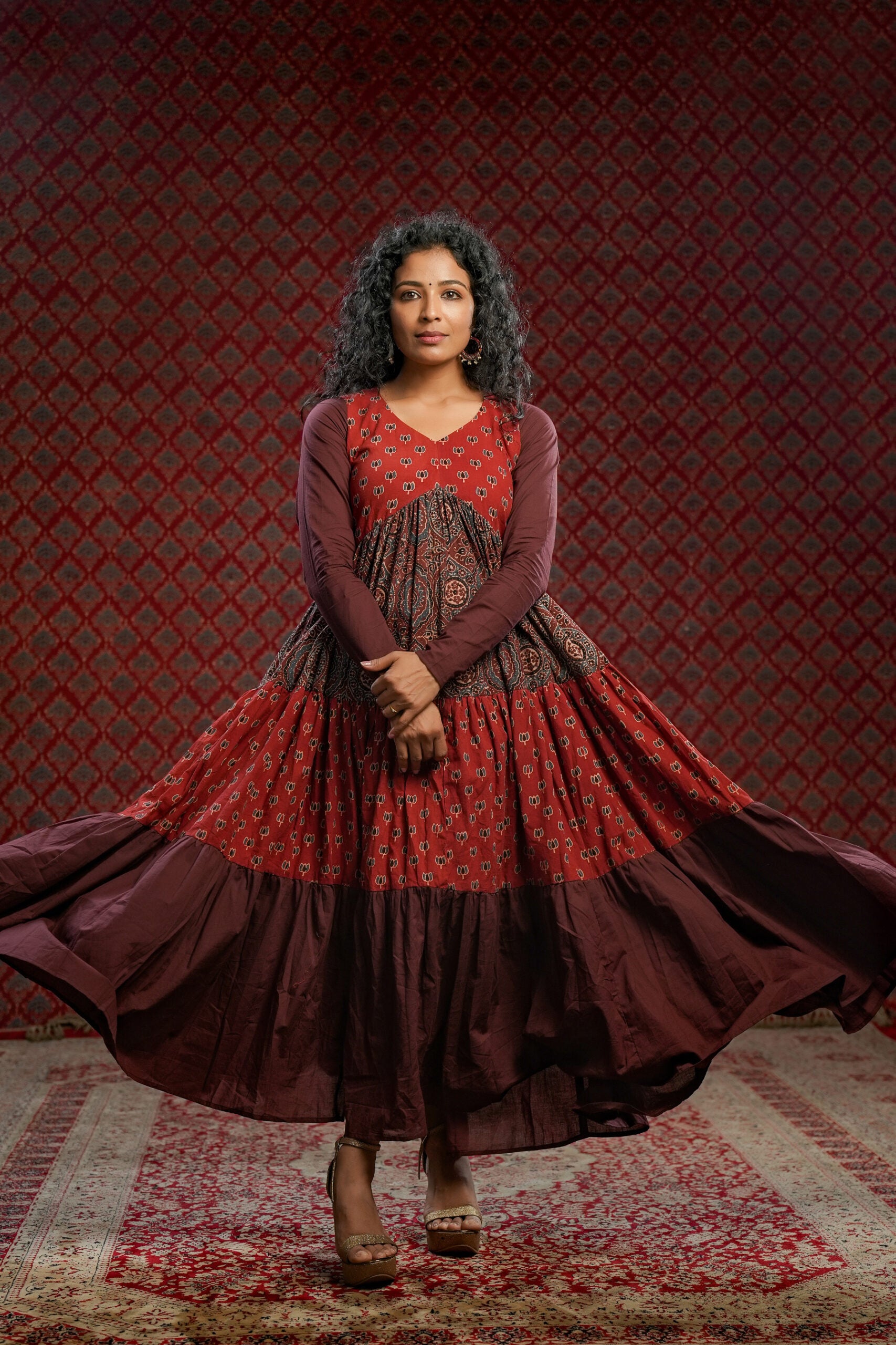 red alia cut dress Red & Brown Alia cut Tiered Dress
