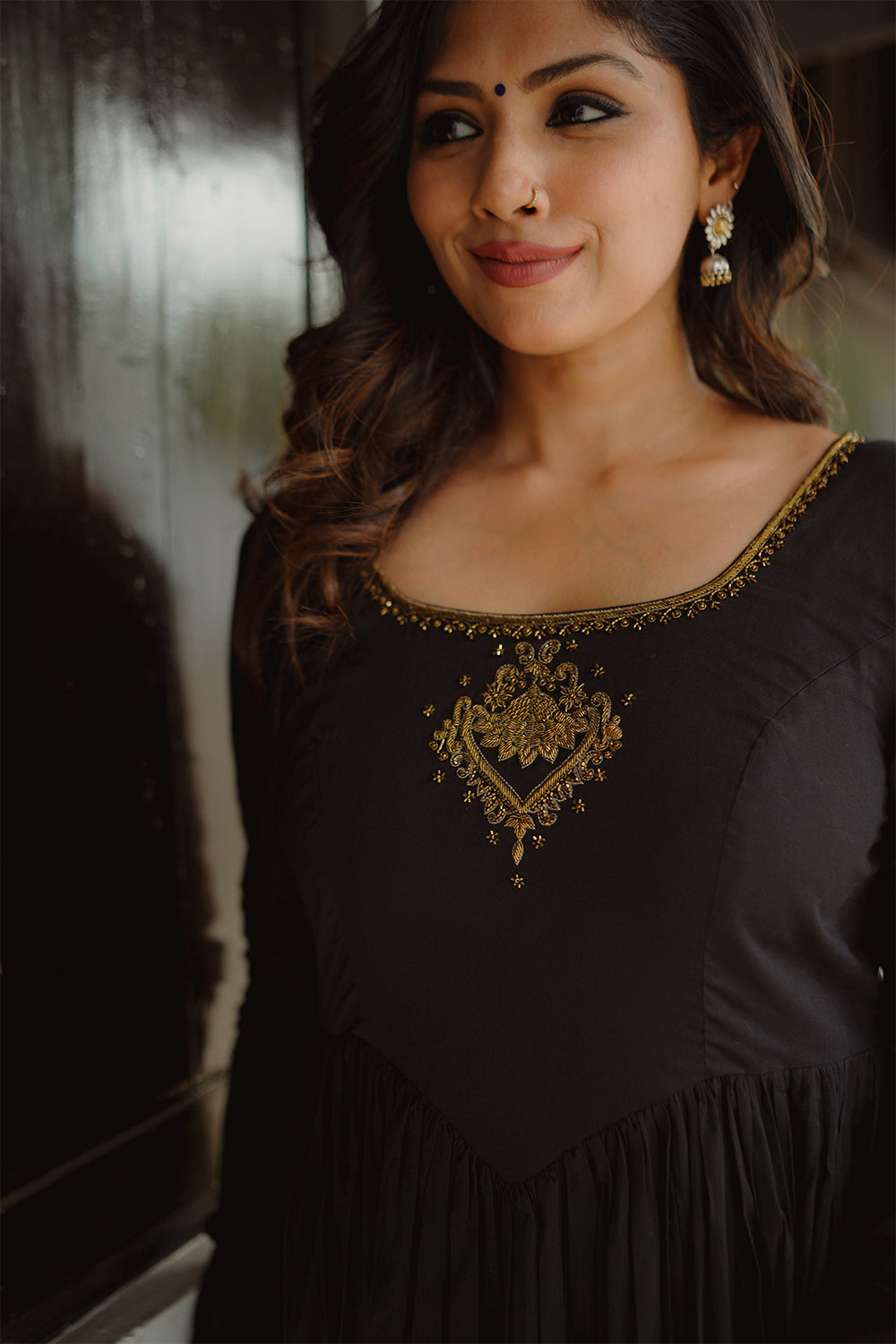 Black Cotton Gathered Dress