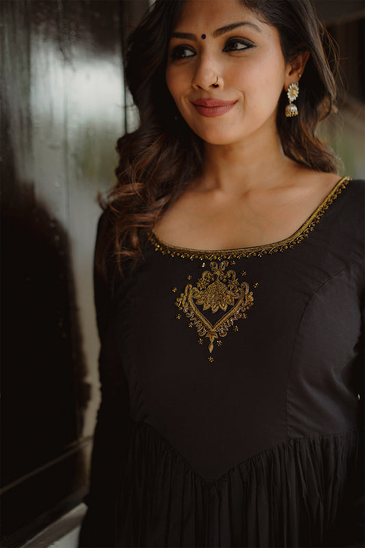 Black Cotton Gathered Dress
