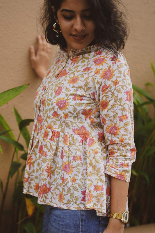 White & Peach Sanganeri Peplum Top