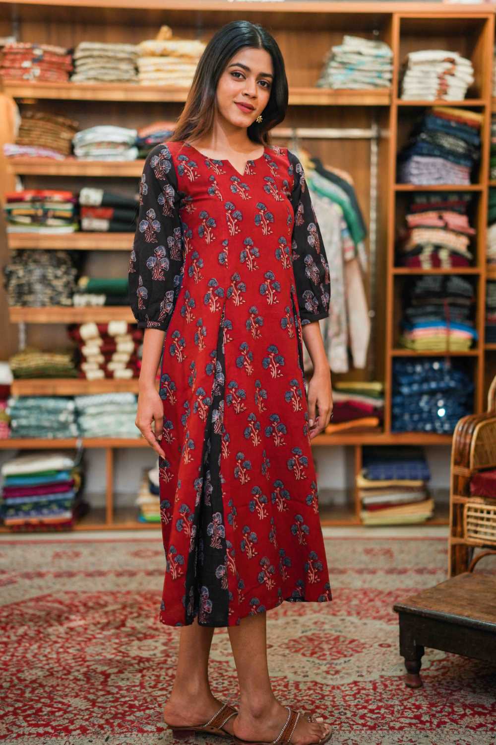 Godet Dress with Red & Blue Print
