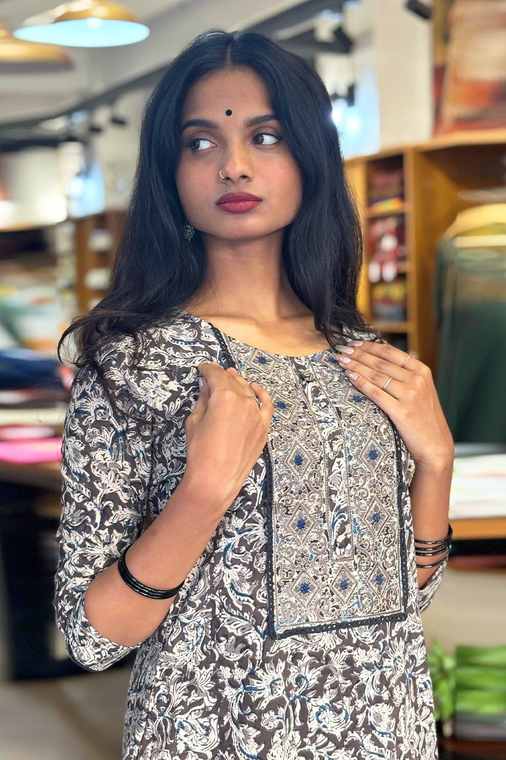 Black Kalamkari Kurti with Diamond Print Yoke