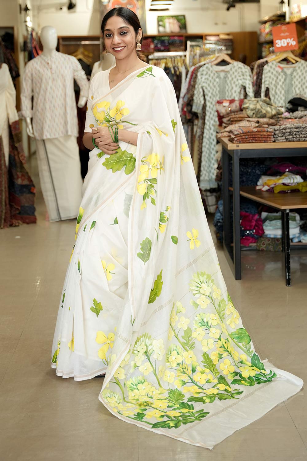 Mustard Flower Hand Painted Maheswari Silk Saree