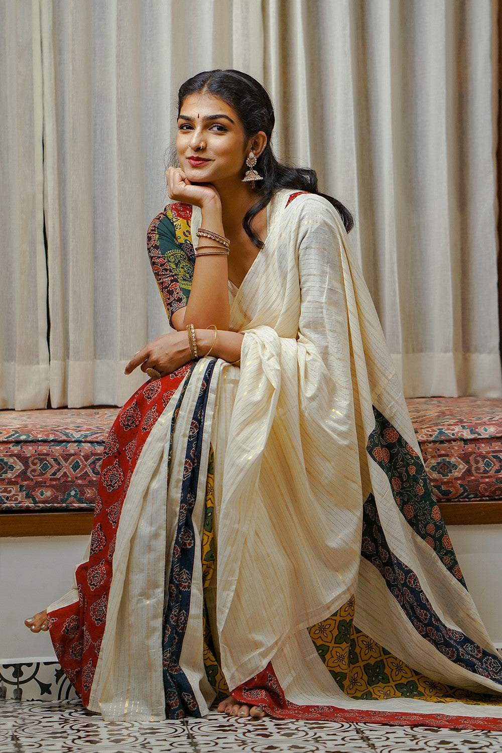 Off White Ajrakh Multi Colour Pleated Saree