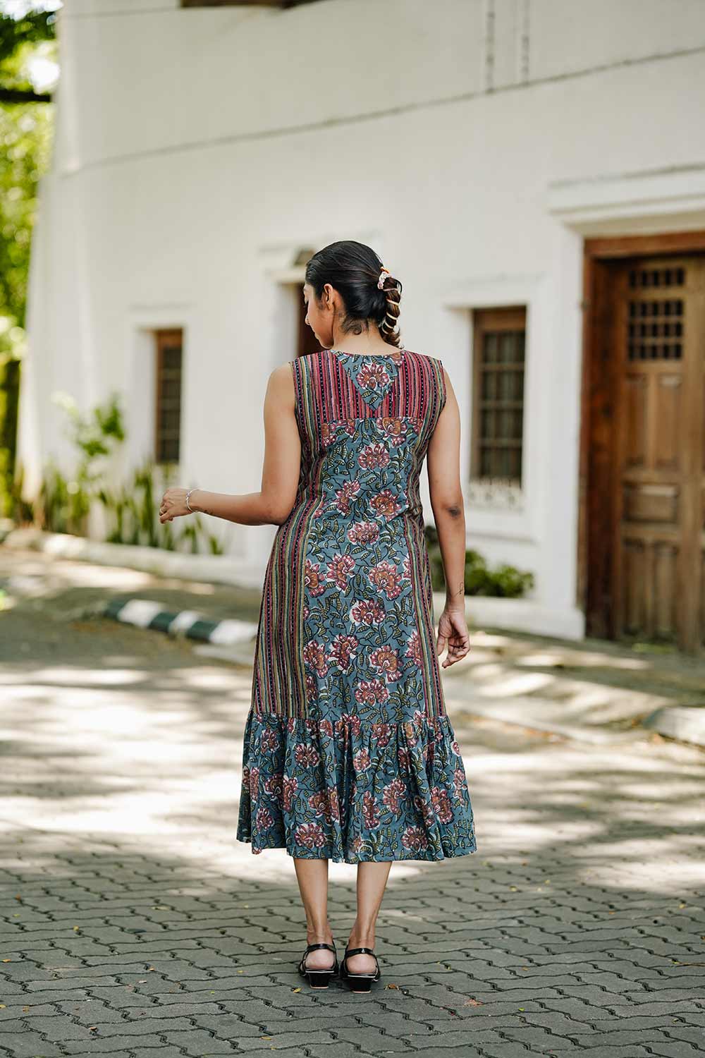 Teal Base Floral 3 Panel Long Dress