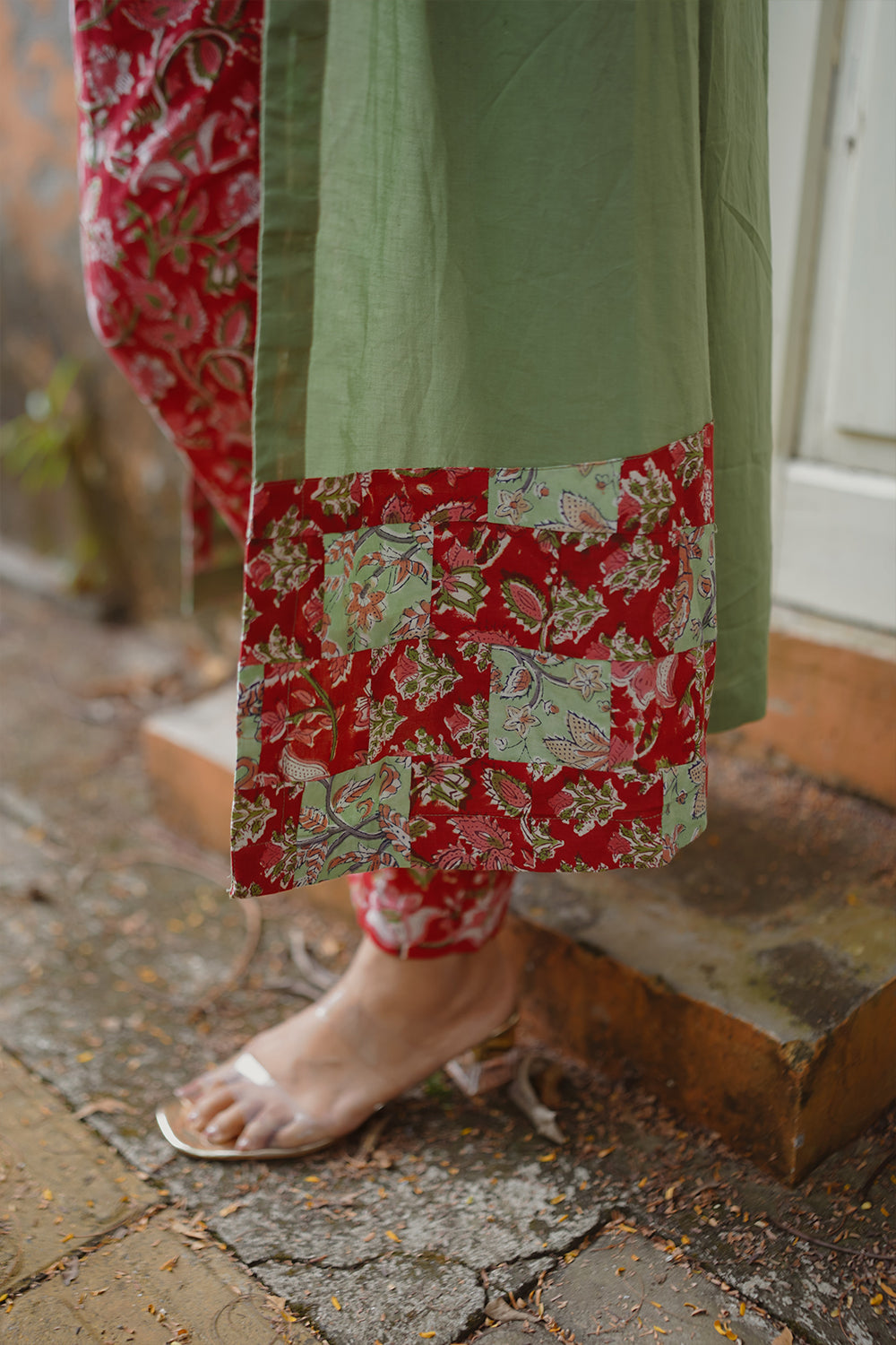 Red Sanganeri Crop Top & Pants with Green Shrug