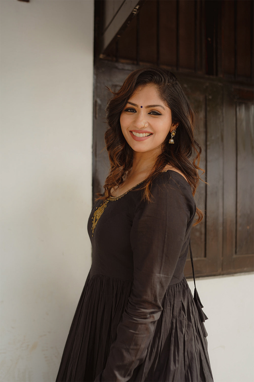 Black Cotton Gathered Dress