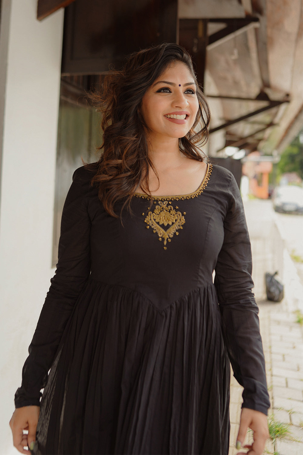 Black Cotton Gathered Dress