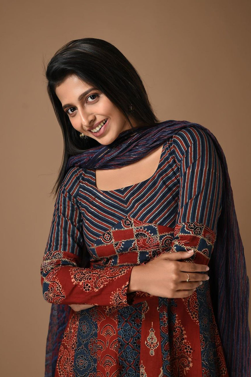 Blue & Red Panel Anarkali with Striped & Patched Yoke