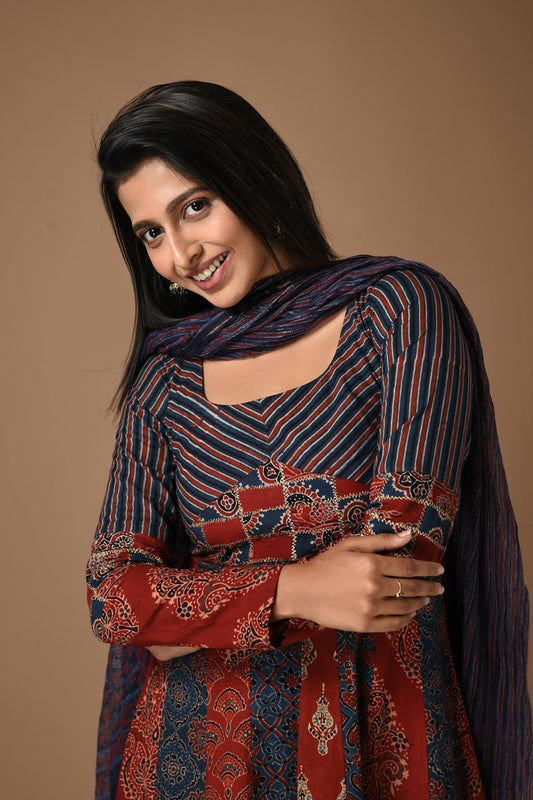 Blue & Red Panel Anarkali with Striped & Patched Yoke
