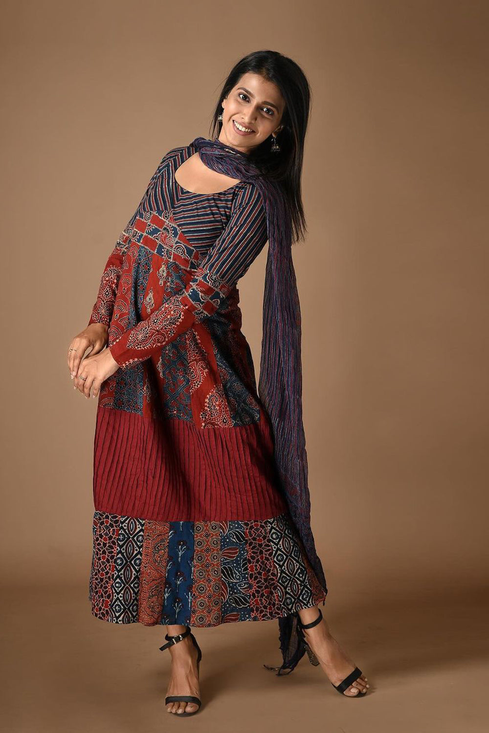 Blue & Red Panel Anarkali with Striped & Patched Yoke
