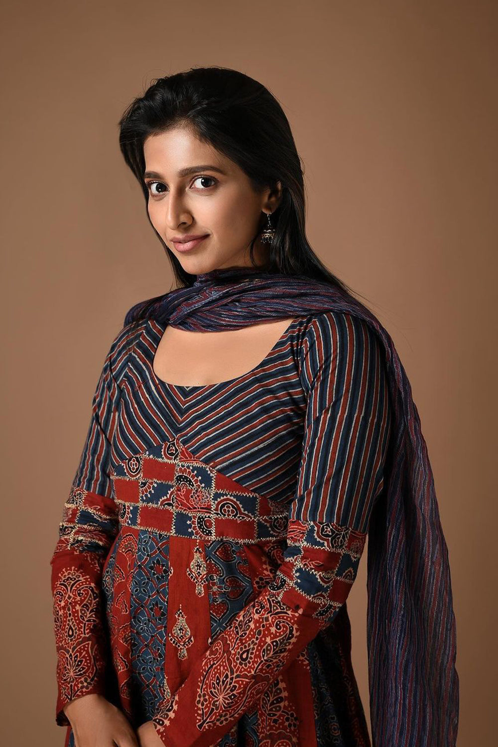 Blue & Red Panel Anarkali with Striped & Patched Yoke