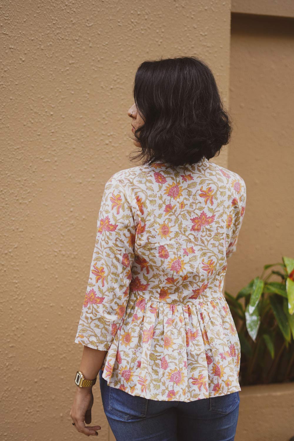White & Peach Sanganeri Peplum Top