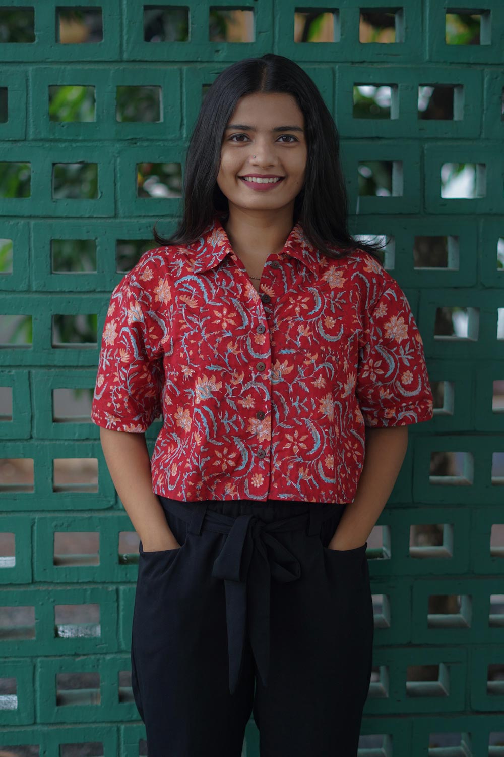 Red Sanganeri Crop Shirt