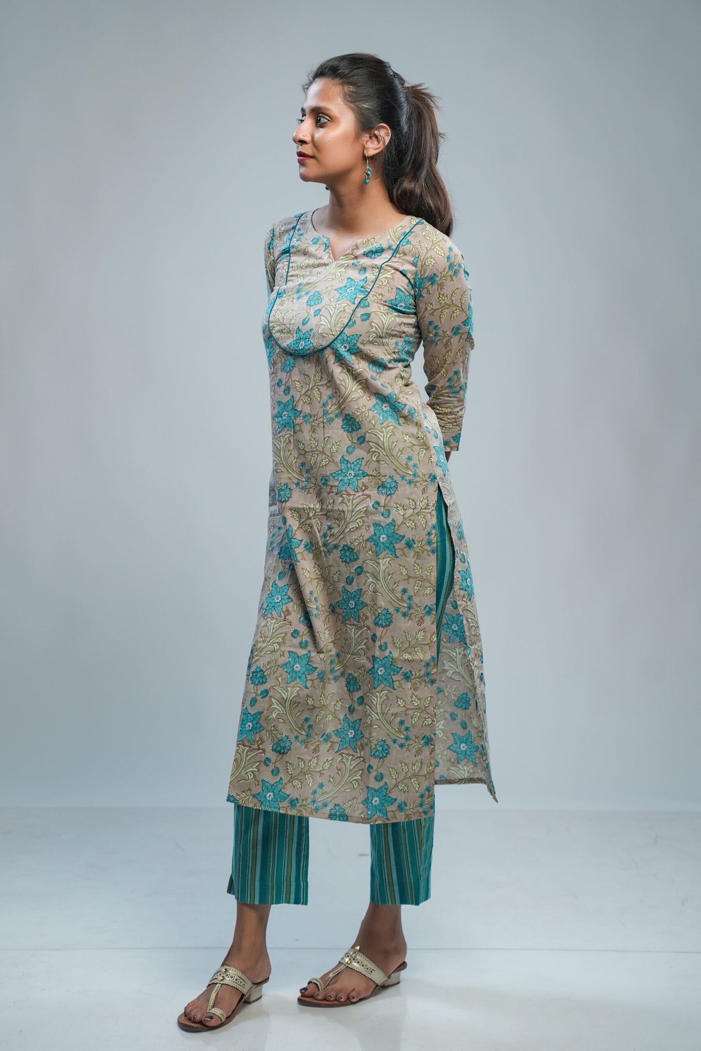 Greige & Ocean Blue Sanganeri Co-ord Set