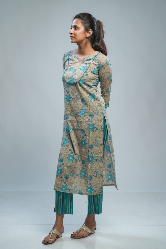 Greige & Ocean Blue Sanganeri Co-ord Set