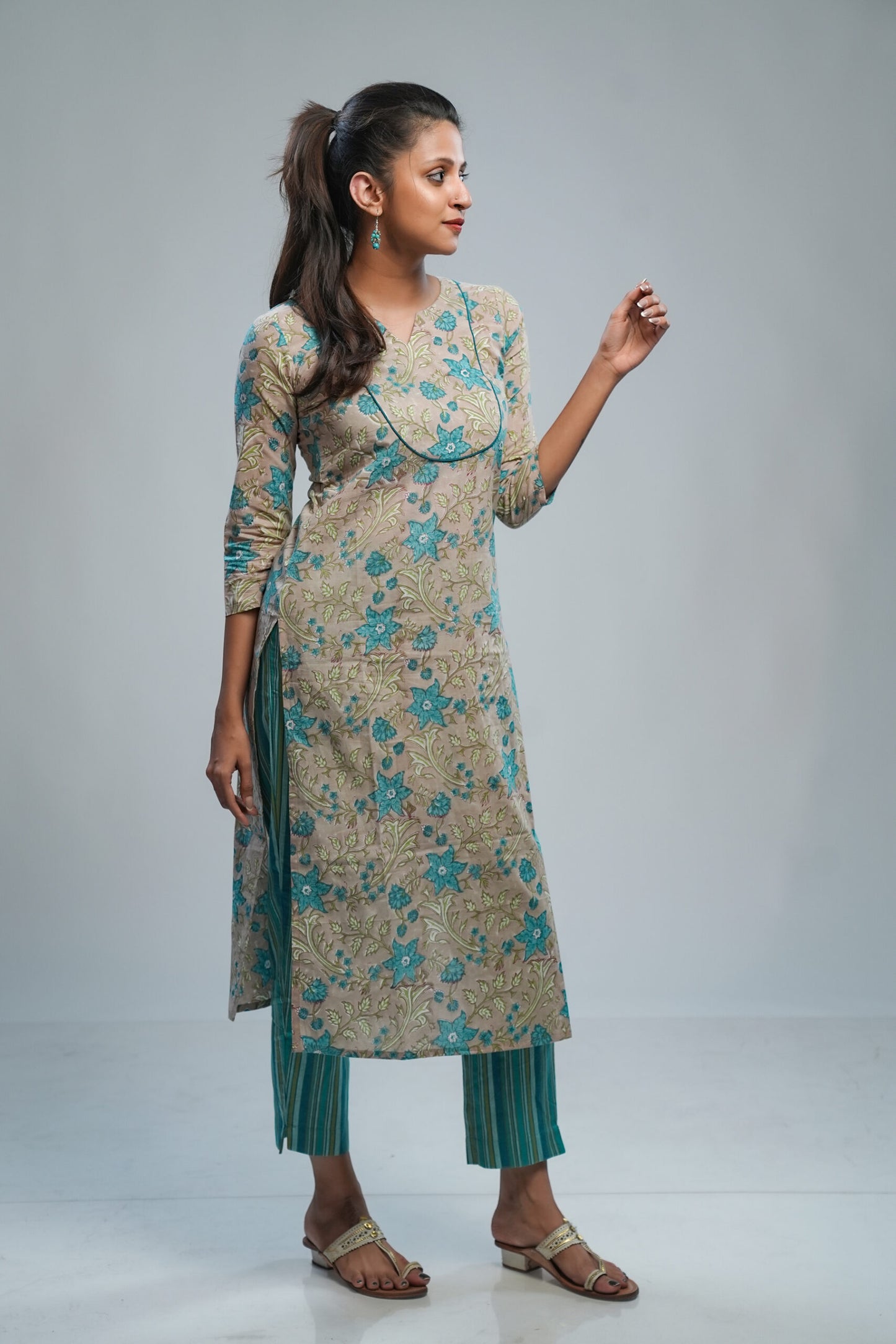 Greige & Ocean Blue Sanganeri Co-ord Set