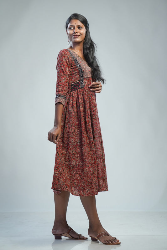 Red Ajrakh Print 3 Panel Gathered Kurti