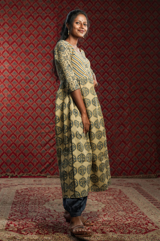 Beige Box Pleated Dress with Stripe Yoke