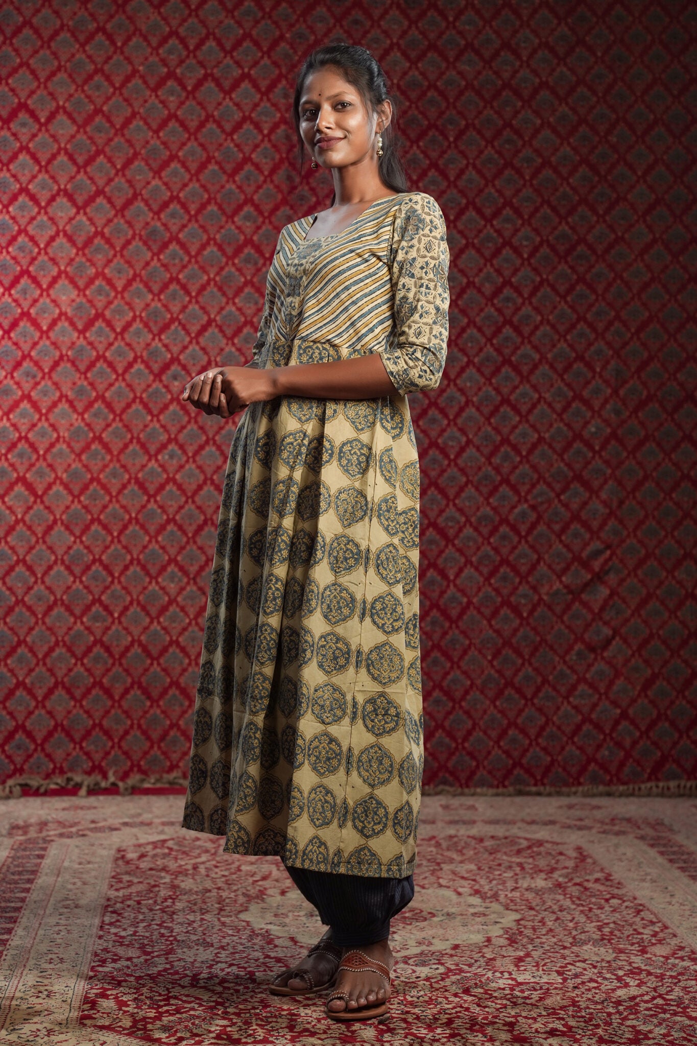 Beige Box Pleated Dress with Stripe Yoke