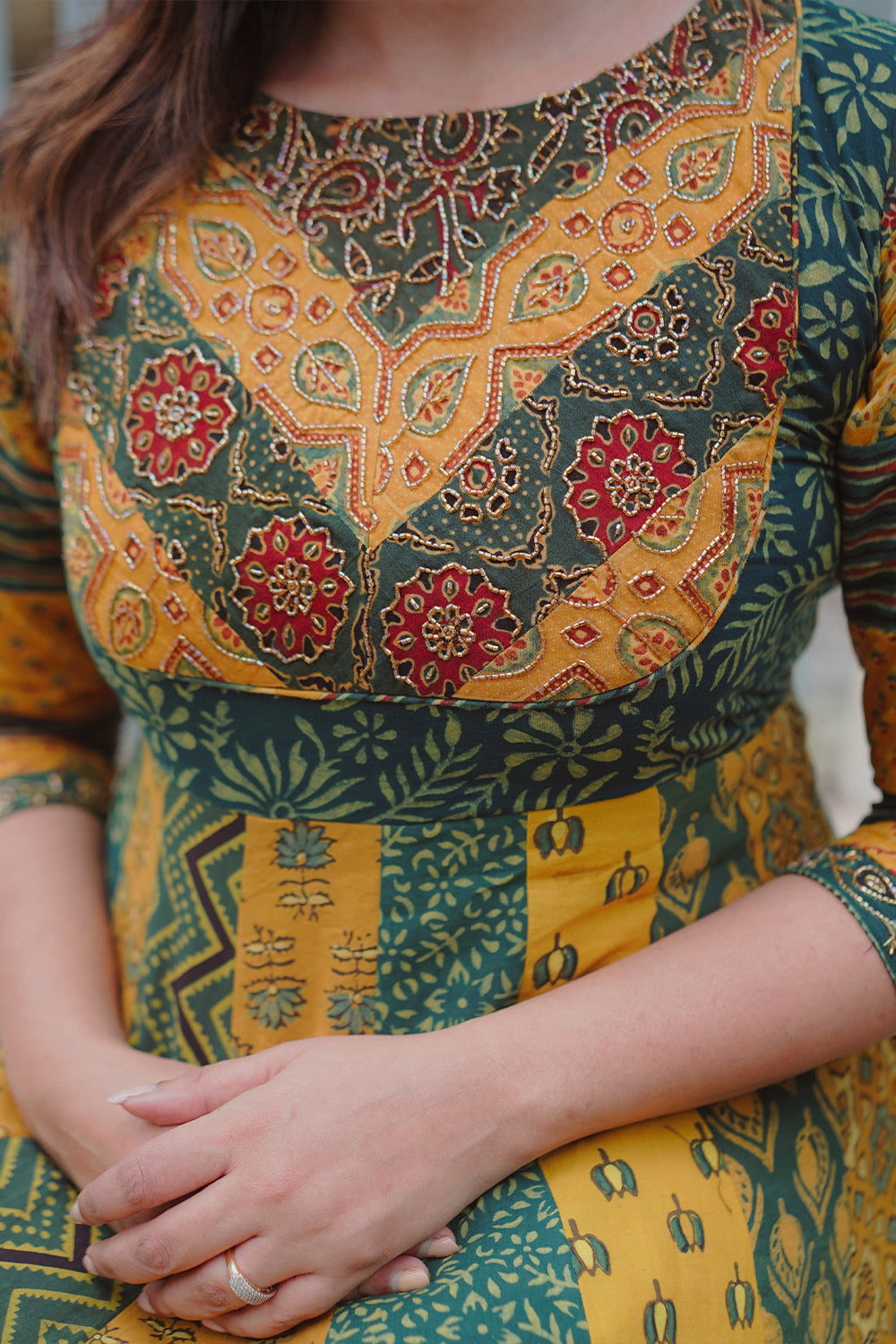 Yellow & Green Ajrakh Anarkali