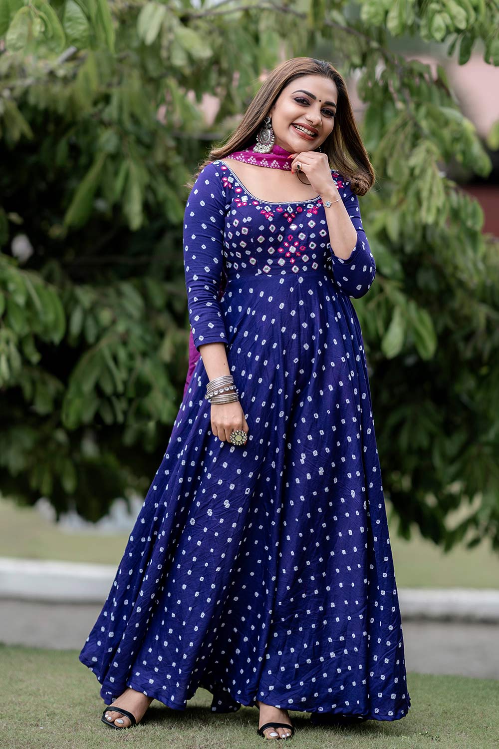 Purple Bhandhani Flared Dress with Mirror Work