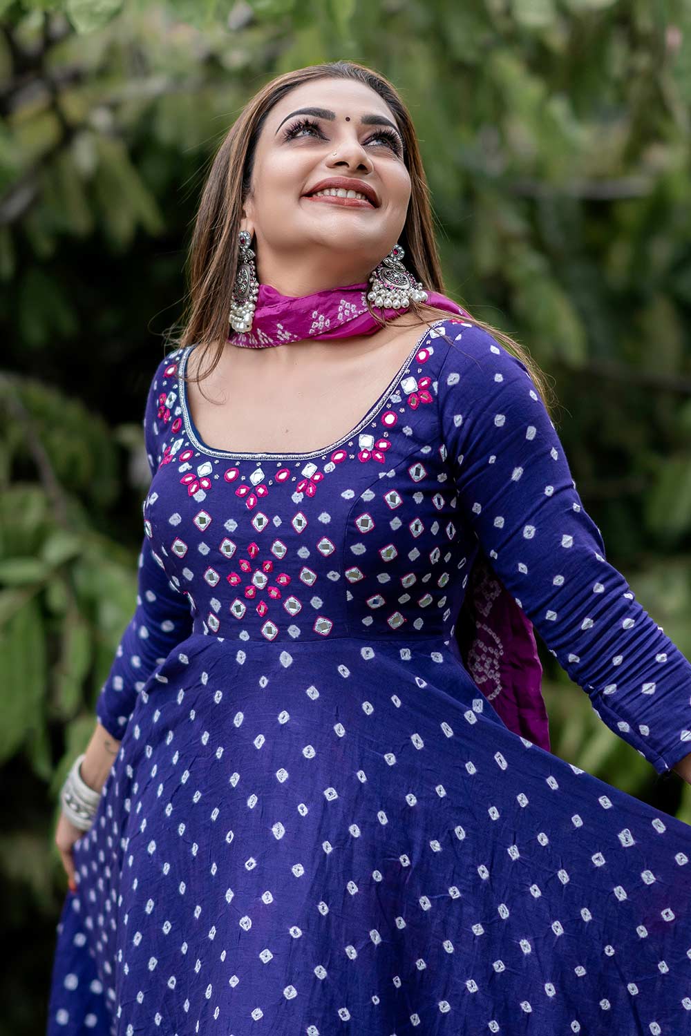 Purple Bhandhani Flared Dress with Mirror Work