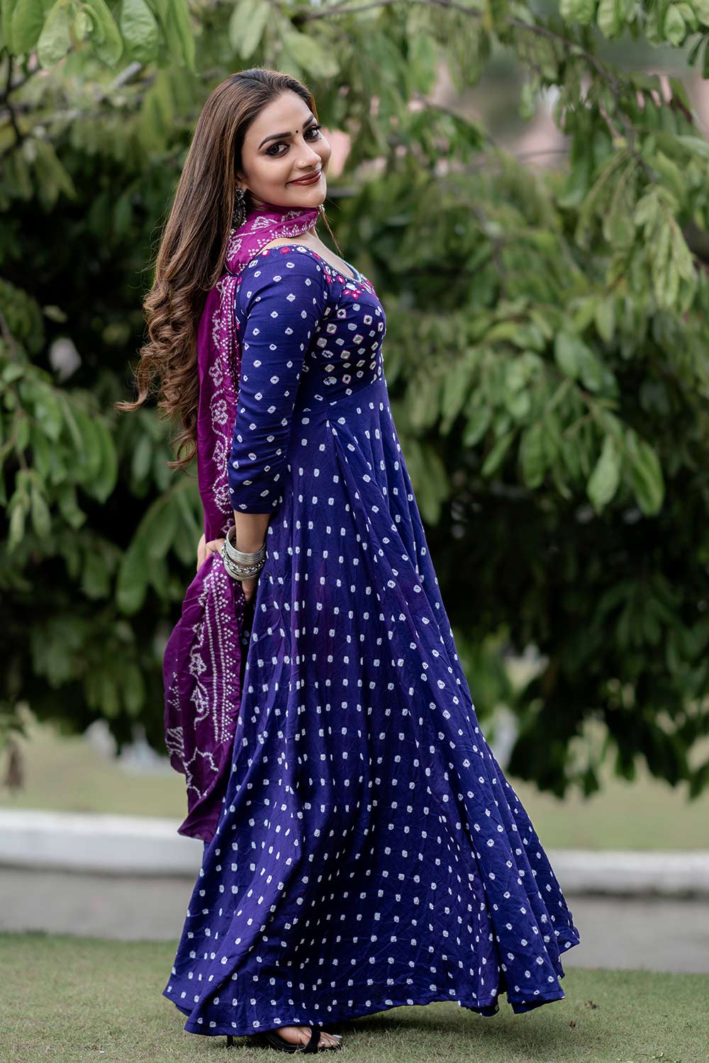 Purple Bhandhani Flared Dress with Mirror Work