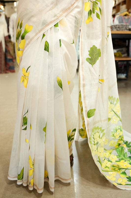 Mustard Flower Hand Painted Maheswari Silk Saree