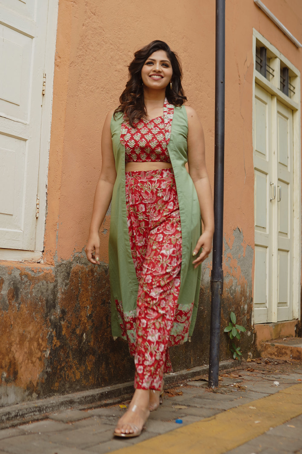 Red Sanganeri Crop Top & Pants with Green Shrug