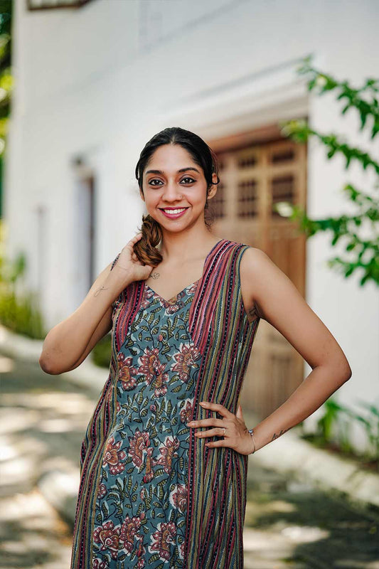 Teal Base Floral 3 Panel Long Dress